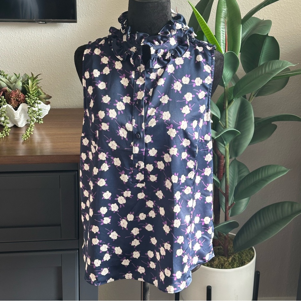 NWT - JCrew Ruffle Neck Button Up Blouse ~ Navy/Violet Purple/White